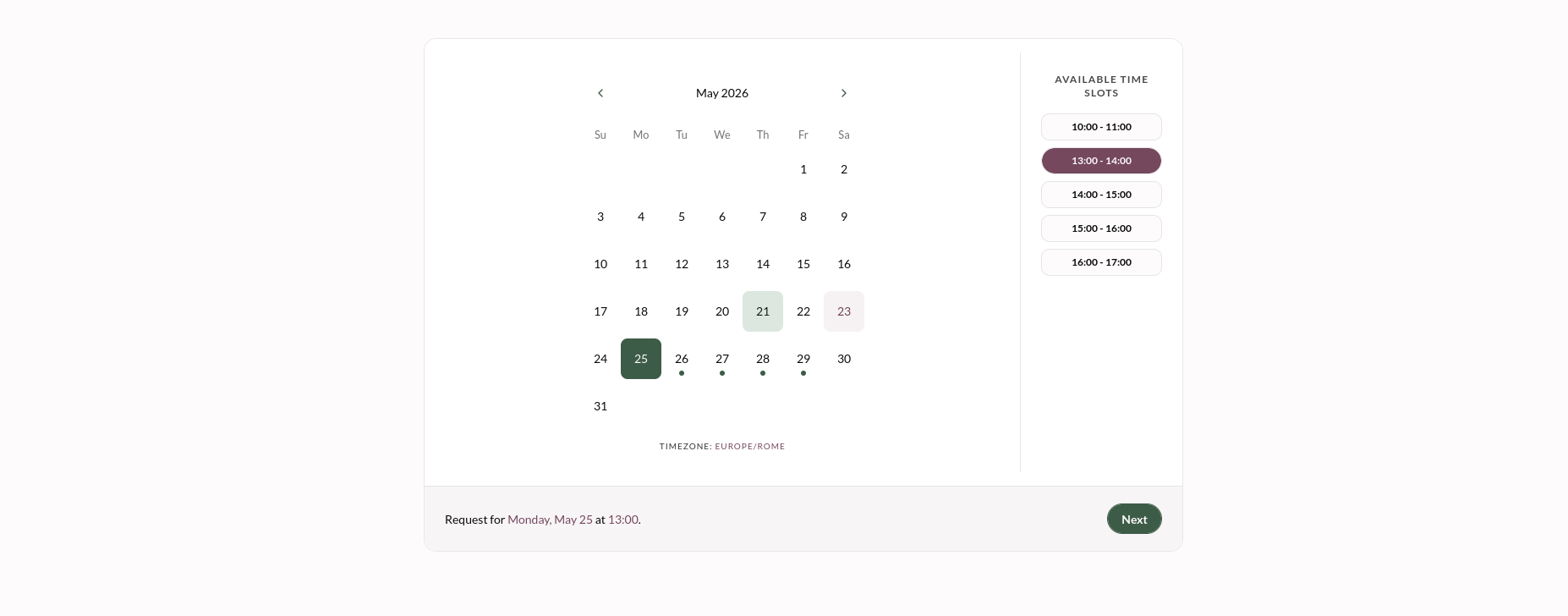Macro shot of availability calendar